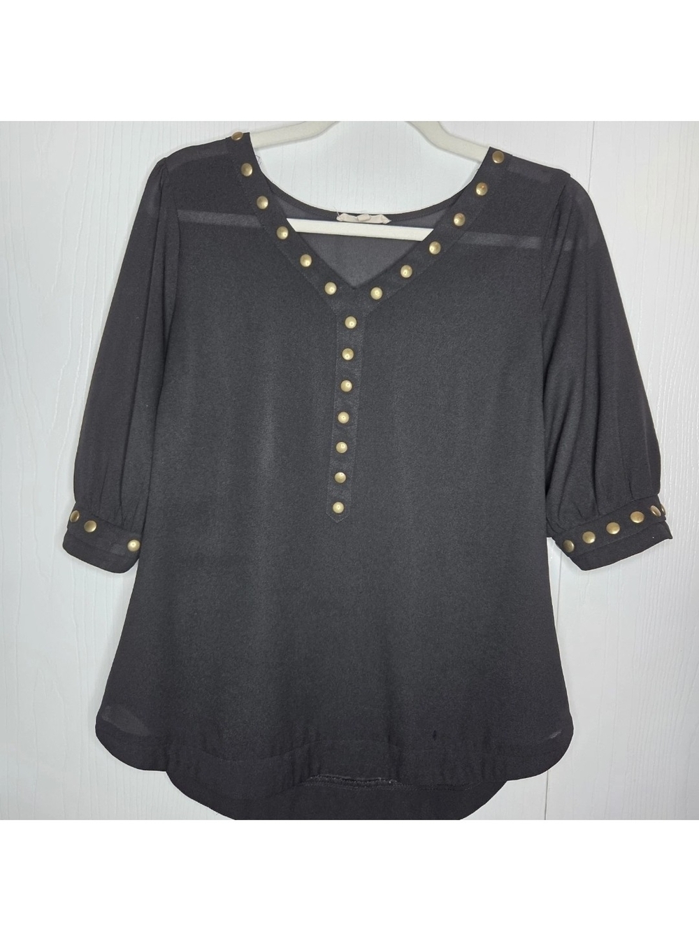 Stitch Fix 41 Hawthorn Black Studded V Neck Puff Sleeve Blouse Workwear Size M